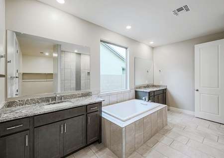 Master bathroom with dual vanities, dark wood cabinetry, bathtub, and granite countertops.