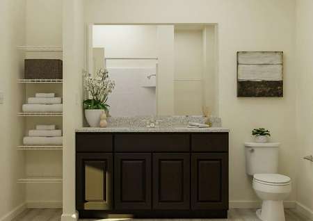 Rendering of the master bath focused on a
  brown cabinet vanity flanked by a white toilet and linen closet. The bedroom
  is visible through the open door.